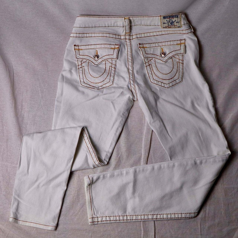 True Religion Mens Section Skinny White Jeans Orange Stitch Crystal Button 32x30